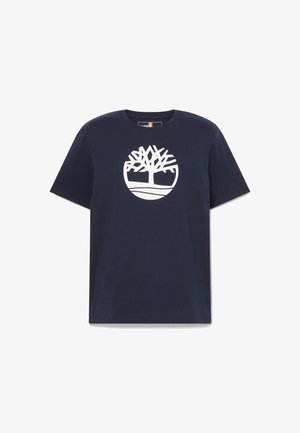 Camiseta de manga corta color azul marino con cuello redondo, que presenta un gran logo circular blanco de un árbol centrado en la parte frontal.