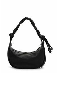 Borsa a mano in pelle nera con una forma curva, manico intrecciato e dettagli annodati. Presenta una chiusura con cerniera e una consistenza liscia.