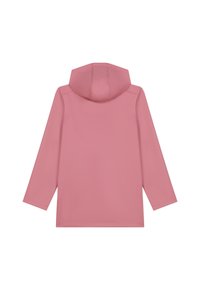Rosa, gefütterte Regenjacke aus glattem, wasserdichtem Material, mit langen Ärmeln und einem einfachen, minimalistischen Design.