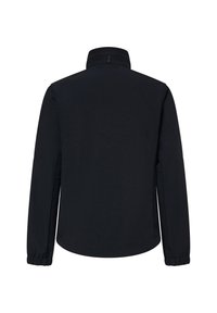 Navy blue jacket with a high collar, long sleeves, elastic cuffs, and a smooth texture. No visible branding or patterns on the back.