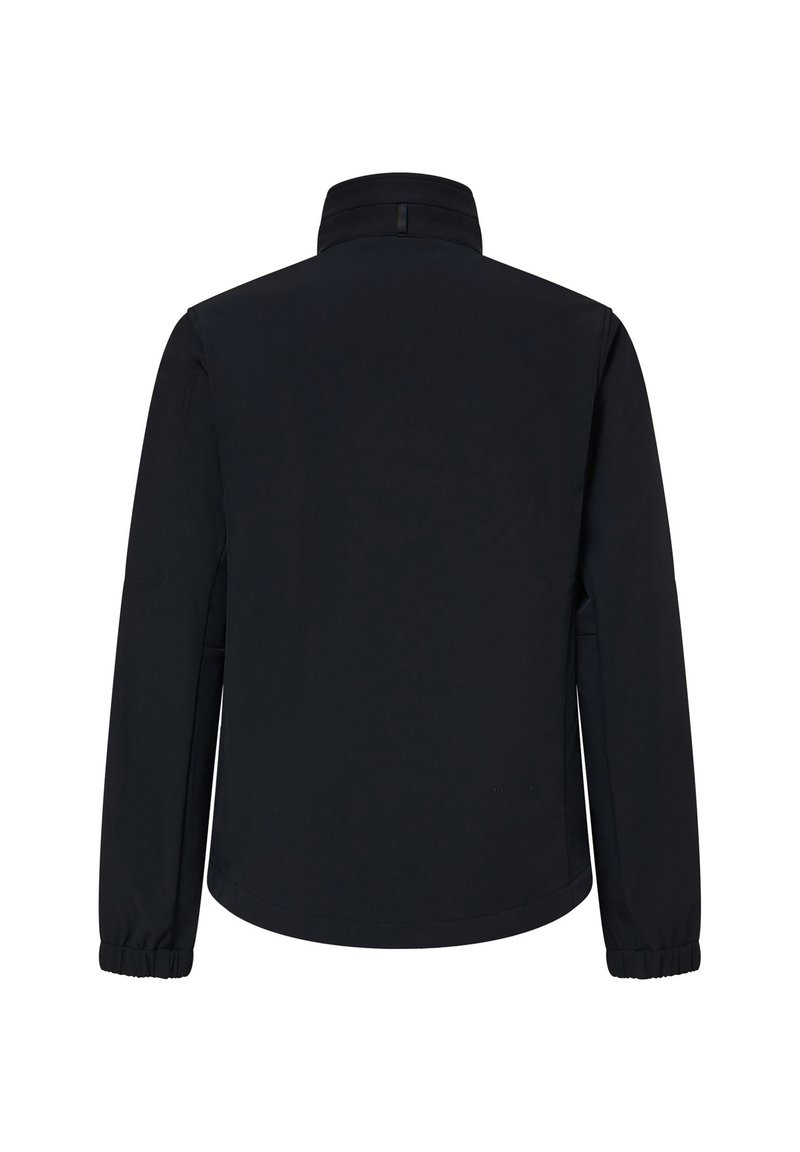 Veste bleu marine avec un col haut, des manches longues, des poignets élastiques et une texture lisse. Pas de marque ni de motifs visibles au dos.
