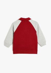 Sudadera roja y gris con un alto cuello, mangas raglán y dobladillo acanalado. El cuerpo es rojo y las mangas son grises. Textura de tela suave.