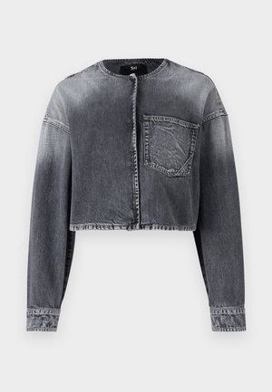 Izgriezta denimba jaka izbalinātā melnā krāsā, ar garām piedurknēm, apaļu kaklu, priekšējo pogu aizdari un vienu krūšu kabatu.