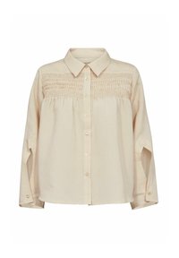 Kerge beez värvi nööpidega särk, millel on krae ja smockitud kehaosa ning pikad varrukad. Kangas on kergelt soonikline.