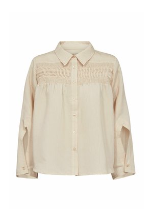 Cămașă butonată de culoare bej deschis, cu guler, având un corset plisat și mâneci lungi. Materialul are o textură subtilă din dungi.