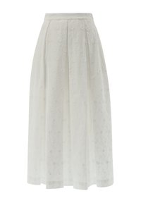 Maxirock aus transparentem weißen Stoff mit floralen Stickereien, plissiertem Design, elastischem Bund und subtiler Textur.