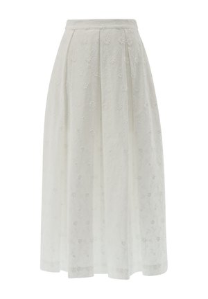 Maxirock aus transparentem weißen Stoff mit floralen Stickereien, plissiertem Design, elastischem Bund und subtiler Textur.