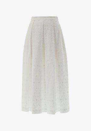 Maxi skirt in sheer white fabric with floral embroidery, pleated design, elastic waistband, and subtle texture.
