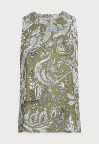 Tunic senza maniche con un motivo paisley bianco su sfondo verde oliva, caratterizzata da un colletto rotondo e da leggere plissettature nella parte superiore.