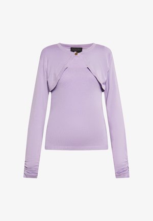 Fioletowa bluzka z długim rękawem, okrągłym dekoltem, warstwowym detalem na przodzie i marszczeniami na rękawach. Wykonana z miękkiego, elastycznego materiału.