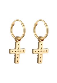 Guldörhängen i ringform med en hängande korsdesign, som har utskärningar och små färgade ädelstenar. Polerat metall med en slät yta.