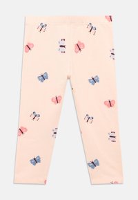 Light pink leggings made of soft fabric, featuring an all-over butterfly pattern in blue, pink, and purple hues. Elastic waistband for comfort.