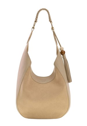 Beige Wildleder- und Leder-Umhängetasche mit geflochtenem Griff, Quaste aus Holzperlen und dezentem Markenlogo in der Mitte vorne.