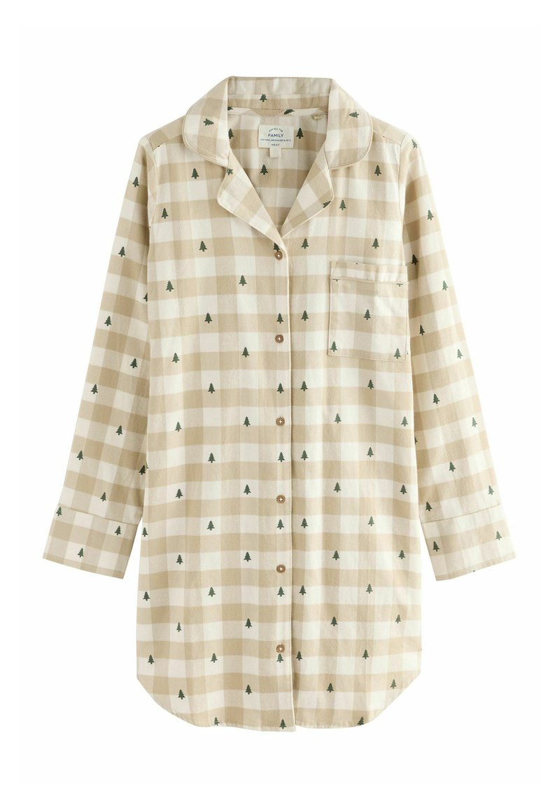 Pohovková košile v béžovém kostkovaném vzoru se zelenými stromy, s knoflíkovým zapínáním, límcem a přední kapsou; vyrobena z měkké tkaniny s dlouhými rukávy.