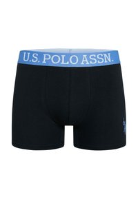 Black cotton boxers with a light blue elastic waistband marked "U.S. POLO ASSN." and a logo in a similar shade on the left side.