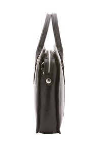 Borsa a mano in pelle nera con due manici superiori, chiusura a zip e profilo sottile. Presenta una texture liscia e dettagli in metallo color argento.