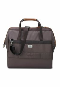 Borsa per laptop in tessuto marrone con dettagli in pelle, manici doppi, tracolla regolabile, chiusura con zip e tasca frontale in rete. Placca con logo argentato visibile.