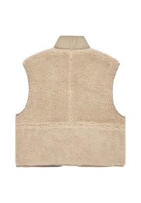 Beige ärmlös väst i fluffigt material, med hög krage och slät kant. Baksidan har en textur i mjuk, fluffig finish.