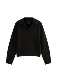 Maglione nero realizzato in un tessuto morbido con scollatura a V e colletto ampio. Presenta maniche lunghe e un design rilassato.