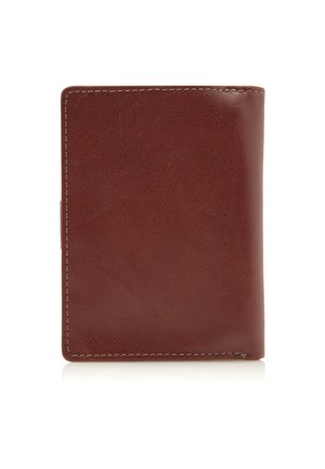 Bruine leren portemonnee met een gestructureerd oppervlak, rechthoekige vorm en zichtbare stiksels langs de randen. Eenvoudig en compact ontwerp.