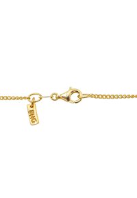 Kultainen ketjukaulakoru hummerilukolla ja pienellä suorakaiteenmuotoisella merkillä, johon on kaiverrettu "RHG" valkoisella taustalla.