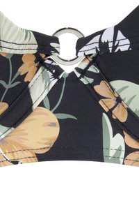 Zwarte bikinitop met bloempatronen in beige en groen, met een centrale zilveren ringdetail en gestikte randen.