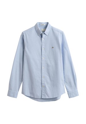 Lichtblauw overhemd met lange mouwen, knopen, button-down kraag en klein geborduurd logo op de linkerborst.