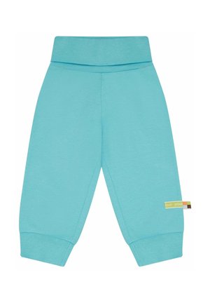 Hellblaue Kleinkinderhose mit elastischem Bund und Bündchen, mit kleinem "loud + proud" Stoffetikett am rechten Bein.