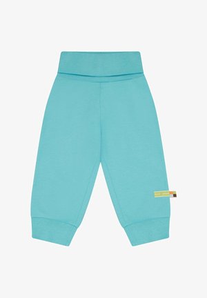 Lichtblauwe peuterbroek met elastische tailleband en boordjes, voorzien van een klein "loud + proud" stoffen label op het rechterbeen.
