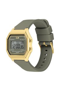 Orologio digitale con cassa rettangolare in oro, cinturino in silicone verde e display LCD grigio. Impermeabile fino a 30 metri. Funzioni multiple visibili.