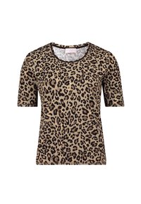 T-shirt à manches courtes en imprimé léopard beige et noir. Présente un col rond et une texture côtelée. Fabriqué en tissu doux et flexible.