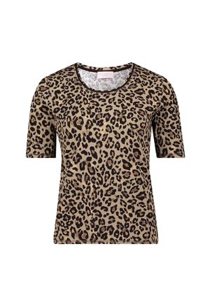 T-shirt a maniche corte con stampa leopardata in beige e nero. Presenta un collo rotondo e una texture a coste. Realizzata in un tessuto morbido e flessibile.