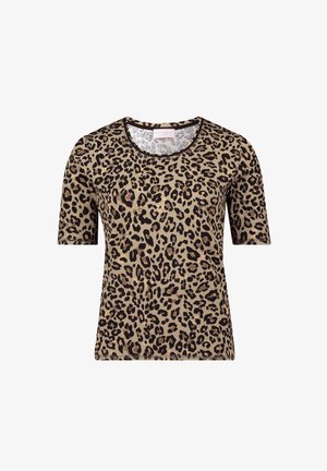 Tričko s krátkým rukávem v leopardím vzoru v béžové a černé barvě. Má kulatý výstřih a vroubkovanou strukturu. Vyrobeno z měkké, pružné tkaniny.