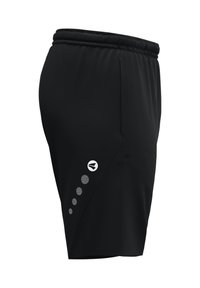 Zwarte sportshorts met een elastische tailleband, een zijzak en een reflecterend logo. Heeft een subtiel geometrisch patroon aan één kant.