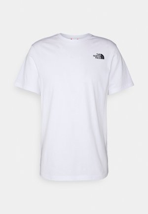 Weißes T-Shirt mit kurzen Ärmeln und rundem Ausschnitt, mit kleinem schwarzem The North Face-Logo auf der oberen linken Brust.