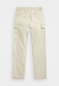 Beige cargo pants with an elastic waistband, two side pockets, and two large cargo pockets on the thighs. Smooth, lightweight cotton fabric.