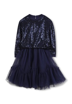 Robes marine avec un corsage en sequins, des manches longues et une jupe en tulle superposée avec des accents froncés. Tissu doux et taille cintrée.
