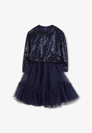 Navy Kleid mit einem Pailletten-Oberteil, langen Ärmeln und einem gestuften Tüllrock mit gerüschten Akzenten. Weicher Stoff und taillierte Passform.