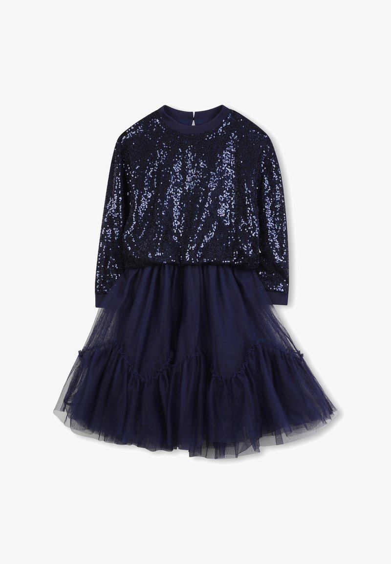 Robes marine avec un corsage en sequins, des manches longues et une jupe en tulle superposée avec des accents froncés. Tissu doux et taille cintrée.