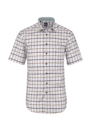 Kurzärmeliges Hemd zum Knöpfen mit hellbraunem, grauem und weißem Karomuster und klassischem Kragen.