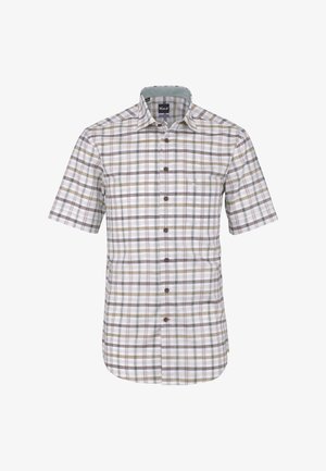 Camicia a maniche corte con bottoni, motivo a quadri marrone chiaro, grigio e bianco e colletto classico.