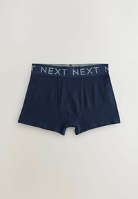 Sötétkék pamut boxer alsónadrág szürke elasztikus derékkal, amelyen a "NEXT" szó többször ismétlődik. Egyszínű, testhezálló forma, sima textúra.
