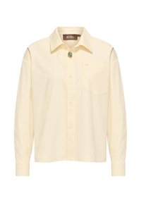 Lichtgele blouse met lange mouwen van katoen, met een klassieke kraag, knopen aan de voorkant, een borstzak en een decoratieve spelddetail.