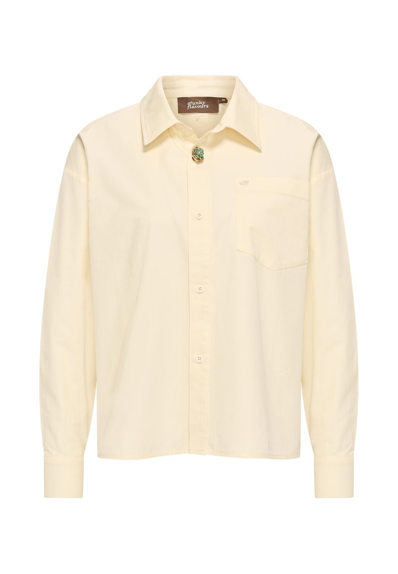 Lichtgele blouse met lange mouwen van katoen, met een klassieke kraag, knopen aan de voorkant, een borstzak en een decoratieve spelddetail.