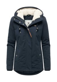 Navy blue jacket with a hood, featuring a soft fleece lining, side pockets, and a metal zipper with leather accent detail.