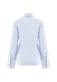 Light blue blouse with long sleeves, classic collar, and striped detail on cuffs. Made from smooth fabric with a tailored fit.