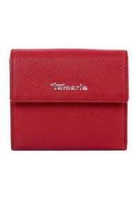 Red leather wallet with a textured finish. Features a silver "Tamaris" logo and a fold-over design. Compact and rectangular shape.