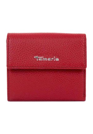 Red leather wallet with a textured finish. Features a silver "Tamaris" logo and a fold-over design. Compact and rectangular shape.