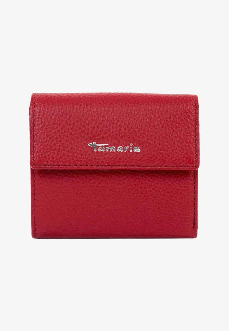 Red leather wallet with a textured finish. Features a silver "Tamaris" logo and a fold-over design. Compact and rectangular shape.
