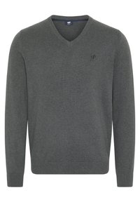 Pull gris foncé à col en V et manches longues, avec poignets et ourlet côtelés, orné d'un petit logo brodé sur la poitrine gauche.